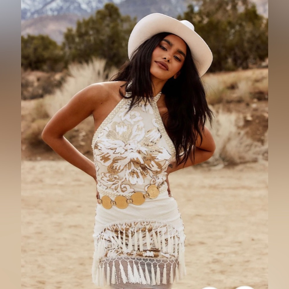 Like Gold Dust White Sequin Fringe Dress